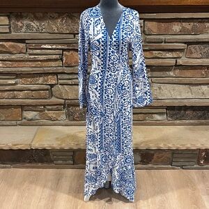 Maaji Elegant Blue and White Long Sleeve Wrap Dress Swim Cover